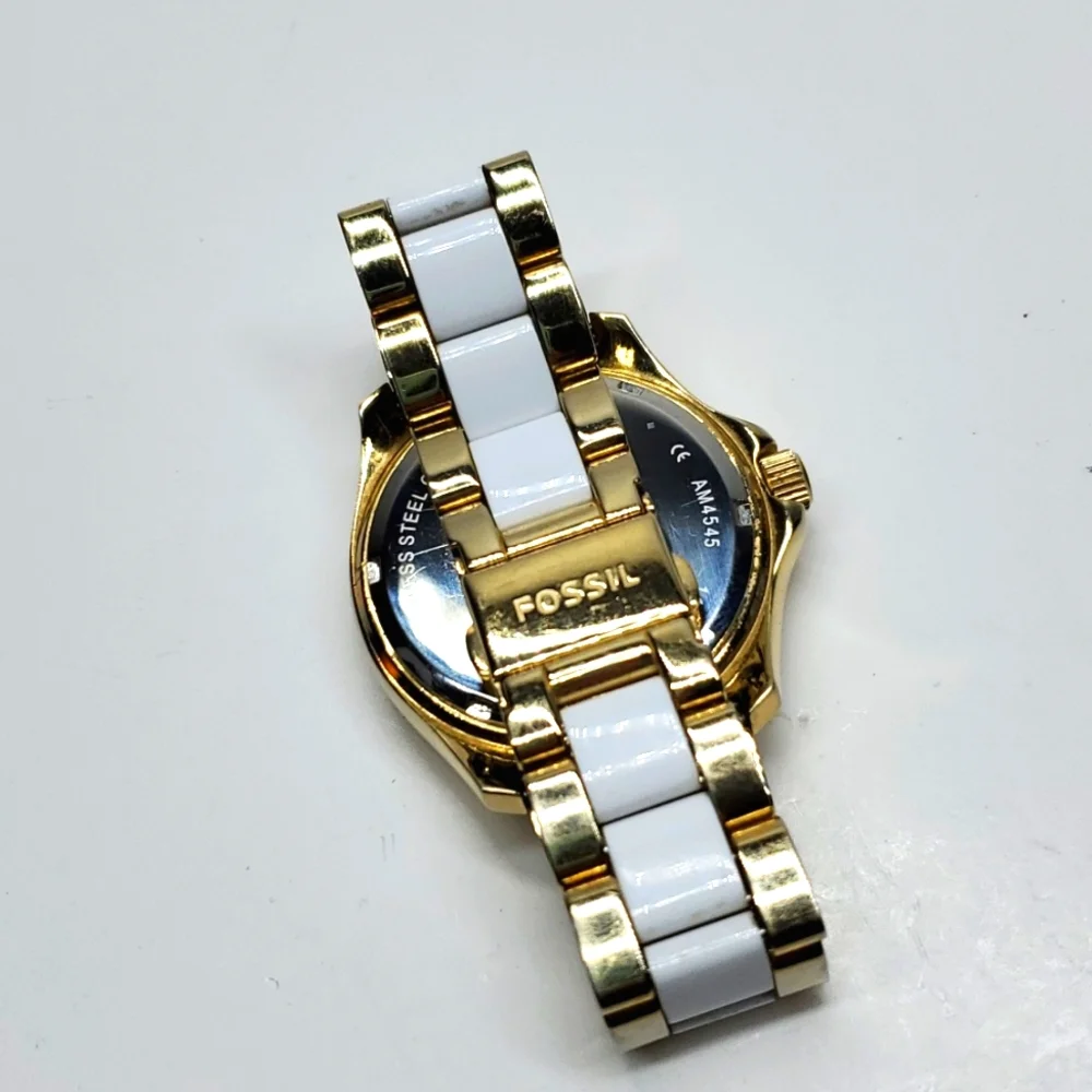 Fossil Watch AM4645 Gold White Two Tone Wristband White Face Chronograph